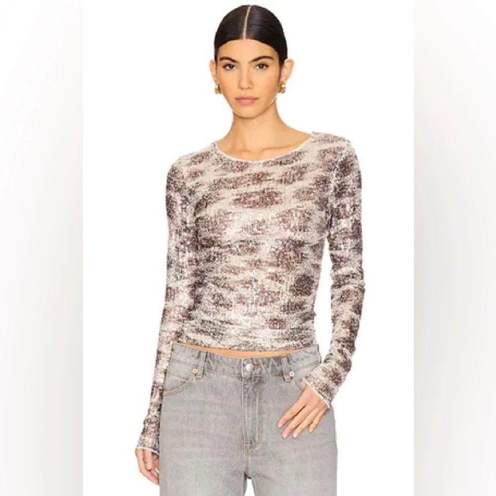 Free People Sequin Long Sleeve Top Brown Silver Animal Print M Fall Festival XL